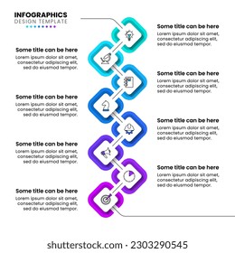 Infographic template with icons and 8 options or steps. Vertical timeline. Can be used for workflow layout, diagram, banner, webdesign. Vector illustration