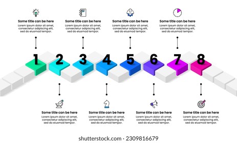 Plantilla de infografía con iconos y 8 opciones o pasos. Ruta isométrica. Se puede utilizar para diseño de flujo de trabajo, diagrama, banner, diseño web. Ilustración del vector