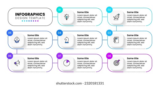 Infographic template with icons and 8 options or steps. Connected rectangles. Can be used for workflow layout, diagram, banner, webdesign. Vector illustration