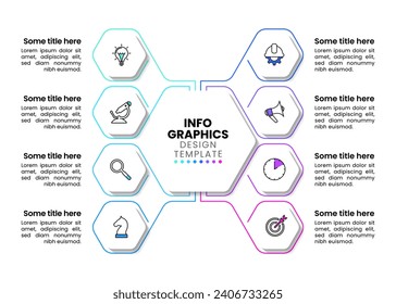 Infographic template with icons and 8 options or steps. Hexagon. Can be used for workflow layout, diagram, banner, webdesign. Vector illustration