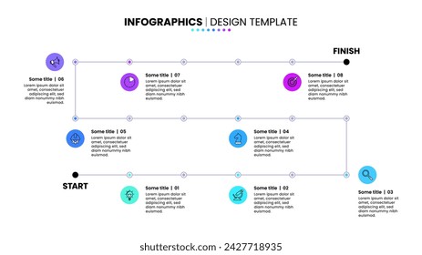 Infographic template with icons and 8 options or steps. Zigzag line. Can be used for workflow layout, diagram, banner, webdesign. Vector illustration