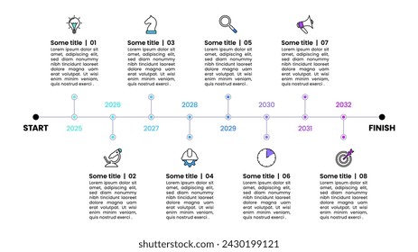 Infographic template with icons and 8 options or steps. Timeline. Can be used for workflow layout, diagram, banner, webdesign. Vector illustration