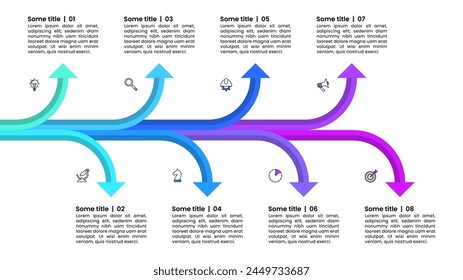 Plantilla infográfica con iconos y 8 opciones o pasos. Flecha. Se puede utilizar para el diseño del flujo de trabajo, diagrama, Anuncio, diseño web. Ilustración vectorial