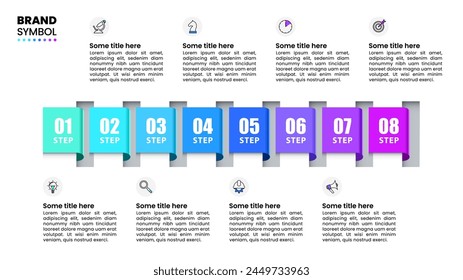 Infographic template with icons and 8 options or steps. Ribbon in a row. Can be used for workflow layout, diagram, banner, webdesign. Vector illustration