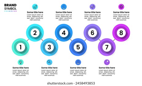 Infographic template with icons and 8 options or steps. Connected circles. Can be used for workflow layout, diagram, banner, webdesign. Vector illustration