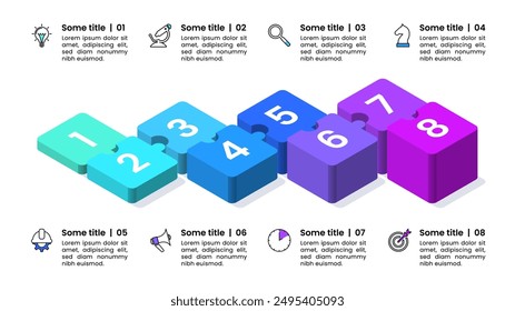 Infographic template with icons and 8 options or steps. Isometric puzzle. Can be used for workflow layout, diagram, banner, webdesign. Vector illustration