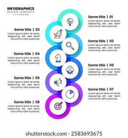 Infographic template with icons and 8 options or steps. Vertical line and Circles. Can be used for workflow layout, diagram, banner, webdesign. Vector illustration