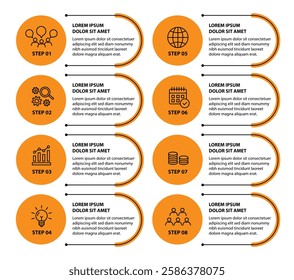 Infographic template with icons and 8 options or 8 steps. Can be used for workflow layout, diagram, timeline, banner, webdesign, business report, presentation. Vector illustration.