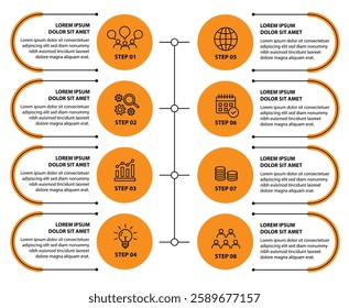 Infographic template with icons and 8 options or 8 steps. Can be used for workflow layout, diagram, timeline, banner, webdesign, business report, presentation. Vector illustration.