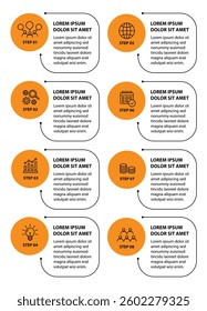 Infographic template with icons and 8 options or 8 steps. Can be used for workflow layout, diagram, timeline, banner, webdesign, business report, presentation. Vector illustration.