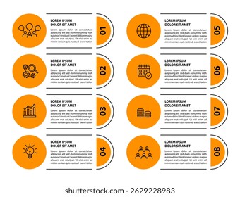 Template infographique avec icônes et 8 options ou 8 étapes. Peut être utilisé pour la mise en page du workflow, le diagramme, la chronologie, la bannière, la conception Web, le rapport d'entreprise, la présentation. Illustration vectorielle.