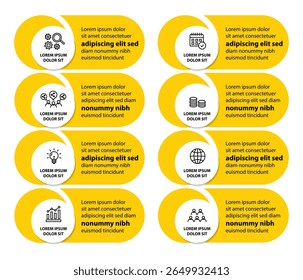 Template infographique avec icônes et 8 options ou 8 étapes. Peut être utilisé pour la mise en page du workflow, le diagramme, la chronologie, la bannière, la conception Web, le rapport d'entreprise, la présentation. Illustration vectorielle.