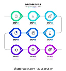 Infographic template with icons and 9 options or steps. Timeline. Can be used for workflow layout, diagram, banner, webdesign. Vector illustration