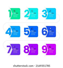 Plantilla de infografía con iconos y 9 opciones o pasos. Línea de tiempo. Se puede utilizar para diseño de flujo de trabajo, diagrama, banner, diseño web. Ilustración del vector