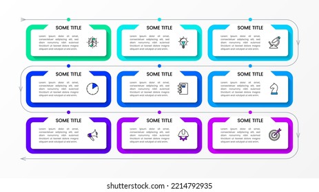 Infographic template with icons and 9 options or steps. Timeline concept. Can be used for workflow layout, diagram, banner, webdesign. Vector illustration