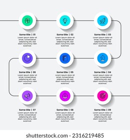 Infographic template with icons and 9 options or steps. Timeline. Can be used for workflow layout, diagram, banner, webdesign. Vector illustration