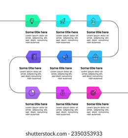 Infographic template with icons and 9 options or steps. Arrows. Can be used for workflow layout, diagram, banner, webdesign. Vector illustration