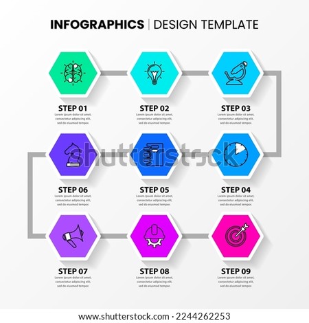 Infographic template with icons and 9 options or steps. Timeline. Can be used for workflow layout, diagram, banner, webdesign. Vector illustration