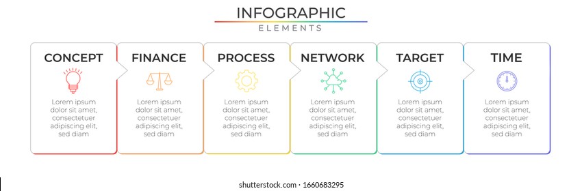 Infographic template with icons and six steps realistic rectangle. Vector for company or corporate business project and presentation.