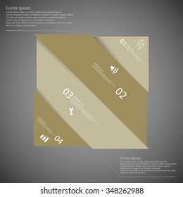 Infographic template illustration with motif of rectangle divided cut to four brown parts where each contains space for own text, unique number and simple symbol. Background is dark.