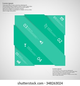 Infographic template illustration with motif of rectangle divided cut to five green parts where each contains space for own text, unique number and simple symbol. Background is light.