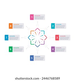 Infographic template for industry, business, energy, technology, science. star infographic template. eight options briefing template. annual report, informational template for magazine