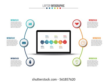 Infographic template with laptop. Vector illustration. Can be used for workflow layout, diagram, business step options, banner, web design.