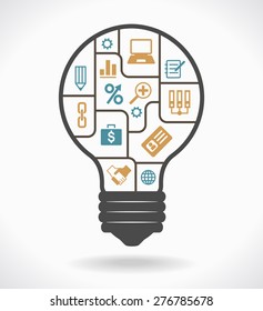 Infographic template with lightbulb compartments banner. Lightbulb with compartments and icons on the topic of business. File is saved in AI10 EPS version. This illustration contains a transparency 