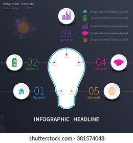 Infographic template with lightbulb, energetic design, different icons, dark background