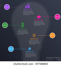 Infographic template with lightbulb, energetic design, various icons, dark background