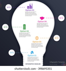 Infographic template with lightbulb, energetic design, various icons, dark background