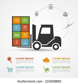 infographic template with loading machine and icons, e-commerce, online shopping, shipping, delivery concept