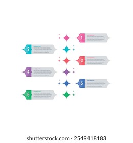 Plantilla de infografía para revista, informe anual. Plantilla de infografía para negocios, educación, mundo de la ciencia. Plantilla de infografía con el símbolo de la estrella. Plantilla de información de seis pasos