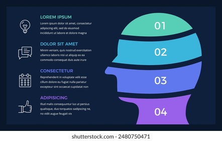 Infographic template with a male face divided on 4 parts representing different aspects or categories of information, dark background, vector eps10 illustration