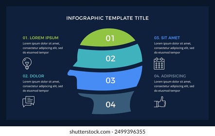 Infographic template with a male face divided into 4 parts, suitable for business presentations, dark background, vector eps10 illustration