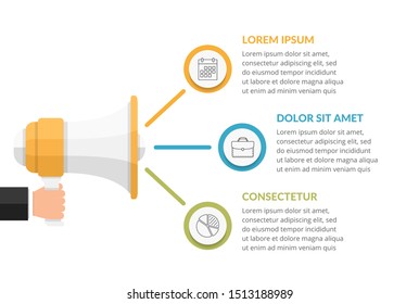 Infographic template with megaphone with 3 elements, options or steps, process, workflow concept for web, business, presentations, vector eps10 illustration