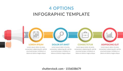 Infographic template with megaphone with 4 elements, options or steps, process, workflow concept for web, business, presentations, vector eps10 illustration