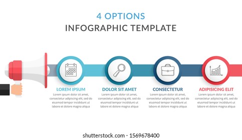 Infographic template with megaphone with 4 elements, options or steps, process, workflow concept for web, business, presentations, vector eps10 illustration