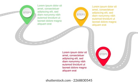 infographic template with modern color pin point show road map or three steps business process information presentation