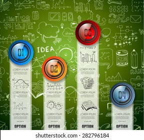 Infographic template for modern data visualization and ranking. Clean Glass Effect numbered buttons with space for text and a hand drawn doodles sketch background with marketing design elements.