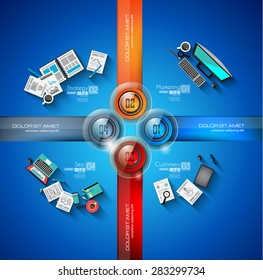 Infographic template for modern data visualization and ranking. Clean Glass Effect numbered buttons with space for text and a hand drawn doodles sketch background with marketing design elements.