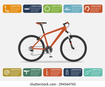 infographic template with mountain bike and icons, flat style illustration