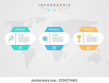 Modelo infográfico com hexágonos multicoloridos, letras acima e números abaixo. A parte superior tem um quadrado curvo branco com ícones coloridos à esquerda e texto à direita. Abaixo está um mapa.