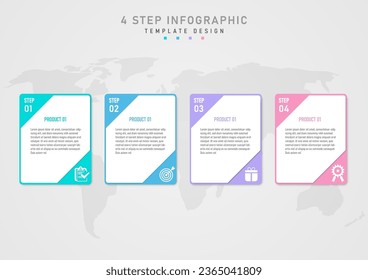 Plantilla infográfica Cuadrados multicolor, letras blancas e iconos en las esquinas Un rectángulo blanco con esquinas cortadas en la parte superior tiene texto en el centro del mapa, debajo de un fondo de gradiente gris.