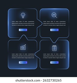 Infographic Template with Neon Gradient Layout 4 Step for Business Process, Timeline and Marketing Plan. Modern Design Elements Include Icons, Symbols, Data and Graphs for Presentation Reports