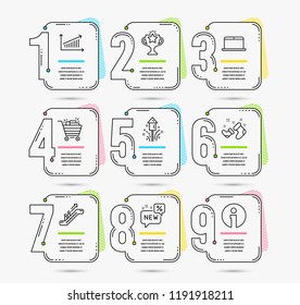 Infographic template with numbers 9 options. Set of Chart, Laptop and New icons. Shopping cart, Victory and Fireworks signs. Santa boots, Escalator and Info symbols. Vector