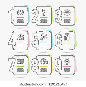 Infographic template with numbers 9 options. Set of Time, Third party and Networking icons. Laureate, Wineglass and Help signs. Career ladder, Contactless payment and Inspiration symbols. Vector