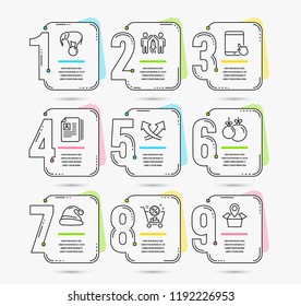 Infographic template with numbers 9 options. Set of Christmas ball, Elephant on ball and Intersection arrows icons. Cv documents, Santa hat and Partnership signs. Steps Vector