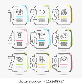 Infographic template with numbers 9 options. Set of Mobile survey, Creativity concept and Dollar exchange icons. Payment received, Quick tips and Communication signs. Vector