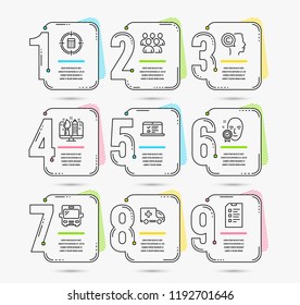 Infographic template with numbers 9 options. Set of Face verified, Group and Creative design icons. Ambulance emergency, Writer and Bus signs. Web lectures, Calculator target and Checklist. Steps